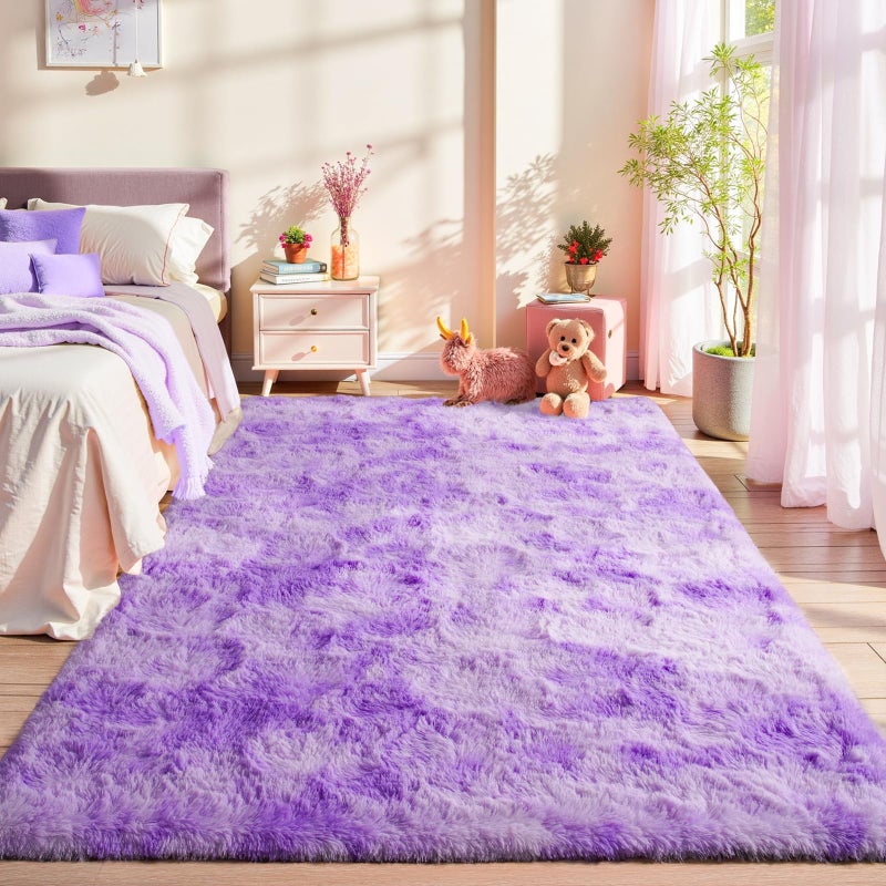 LOCHAS Luxury Fluffy Rainbow Area Rug for Girls Bedroom 4x6, Soft Fuzzy Kids Rugs for Bedroom Boys Playroom, Cute Colorful Tie Dye Princess Carpet for Nursery Living Room Home Decor, Purple - Image 4